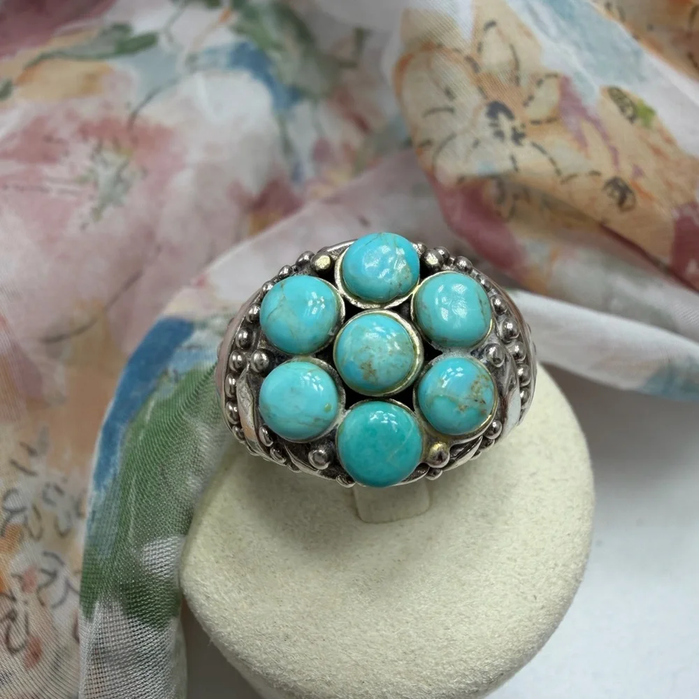 Vintage Turquoise Cluster Statement Ring 925 Sterling silver - Picture 2 of 4